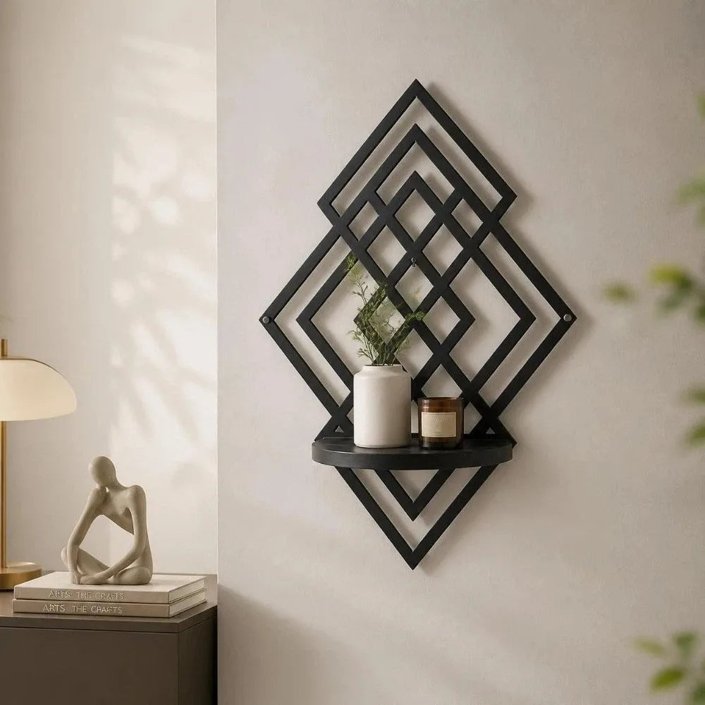 Wooden Wall Mounted Decorative Shelf Geometric Hanging Floating Wall Storage Rack Home Decoration Hollow Out Wall Decor Bedroom