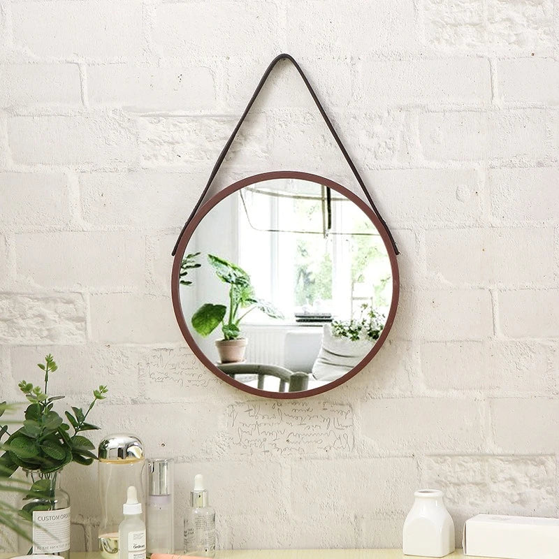 Vintage Wooden Round Wall Mirror Hanging Makeup Mirror Nordic Decor Mirror for Entryway Living Room Wall Decor
