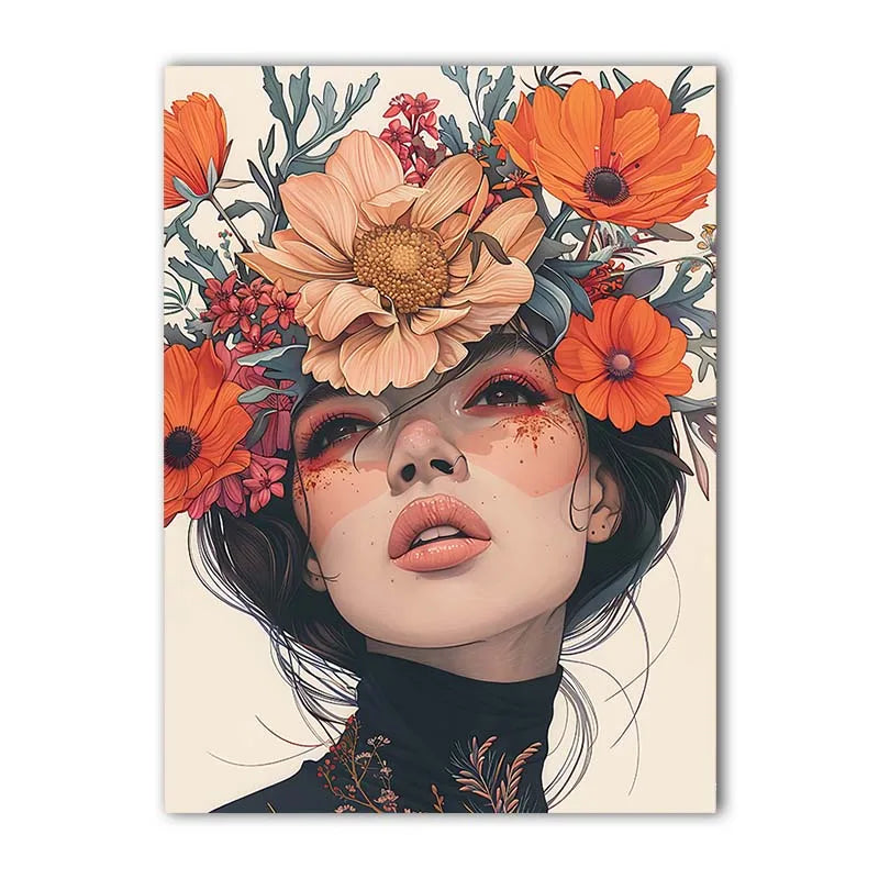 Nordic Wall Art Beautiful Woman & Flowers Vintage Canvas Painting Modern Style Poster Prints Bedroom Living Room Wall Decor