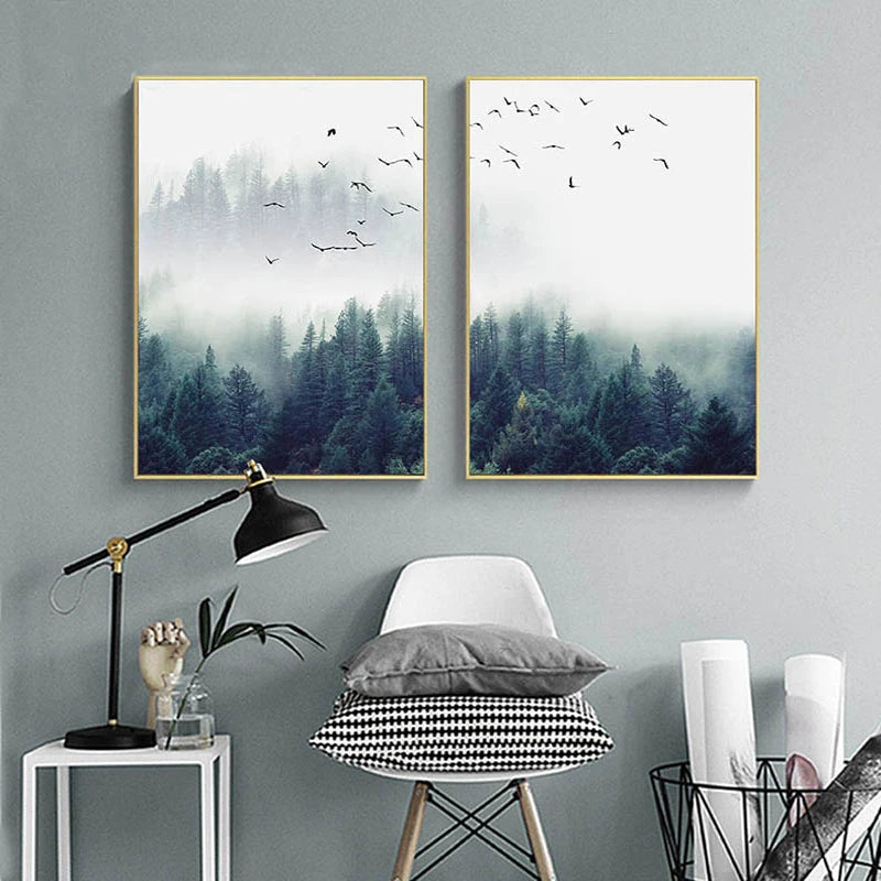 Nordic Style Forest Lanscape Wall Art Canvas Poster and Print Canvas Painting Decorative Picture for Living Room Home Decor