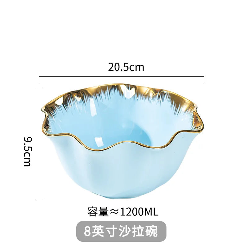 Nordic Luxury Ceramic Bowl Plate Set Tableware Creative Salad Vegetable Fruit Plate Dessert Noodle Bowl Crockery 8 inch
