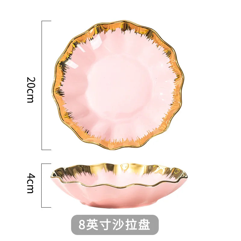 Nordic Luxury Ceramic Bowl Plate Set Tableware Creative Salad Vegetable Fruit Plate Dessert Noodle Bowl Crockery 8 inch