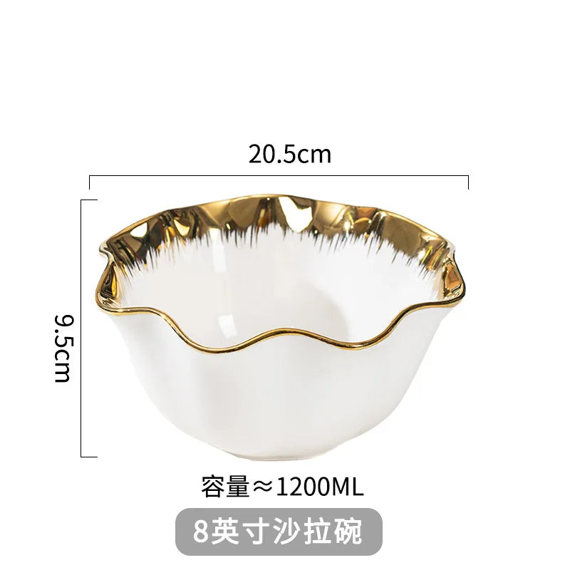 Nordic Luxury Ceramic Bowl Plate Set Tableware Creative Salad Vegetable Fruit Plate Dessert Noodle Bowl Crockery 8 inch
