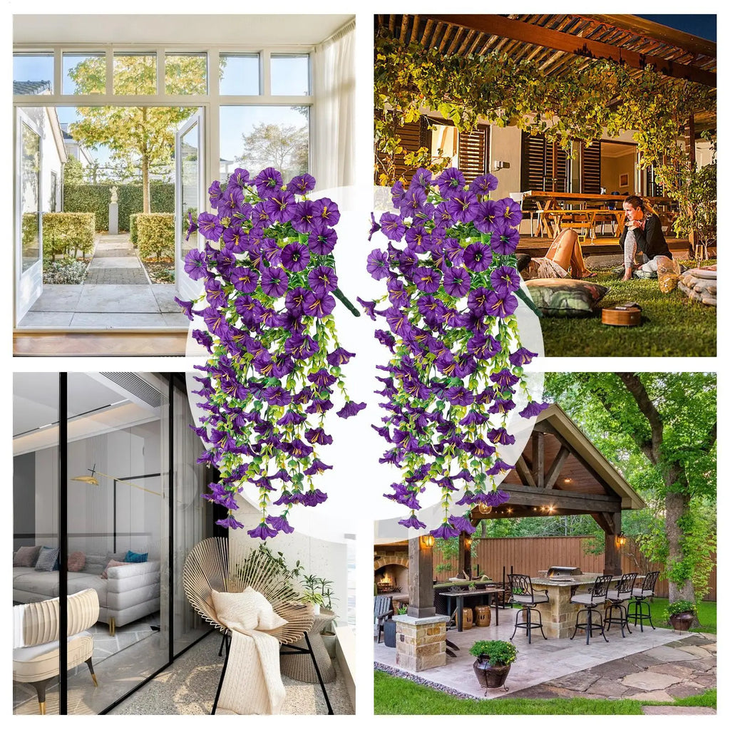 Fake Petunias 2 Pieces Faux Petunias Garden Flower Decor UV-Resistant Fake Plants For Porch Patio Garden Yard Wedding Party