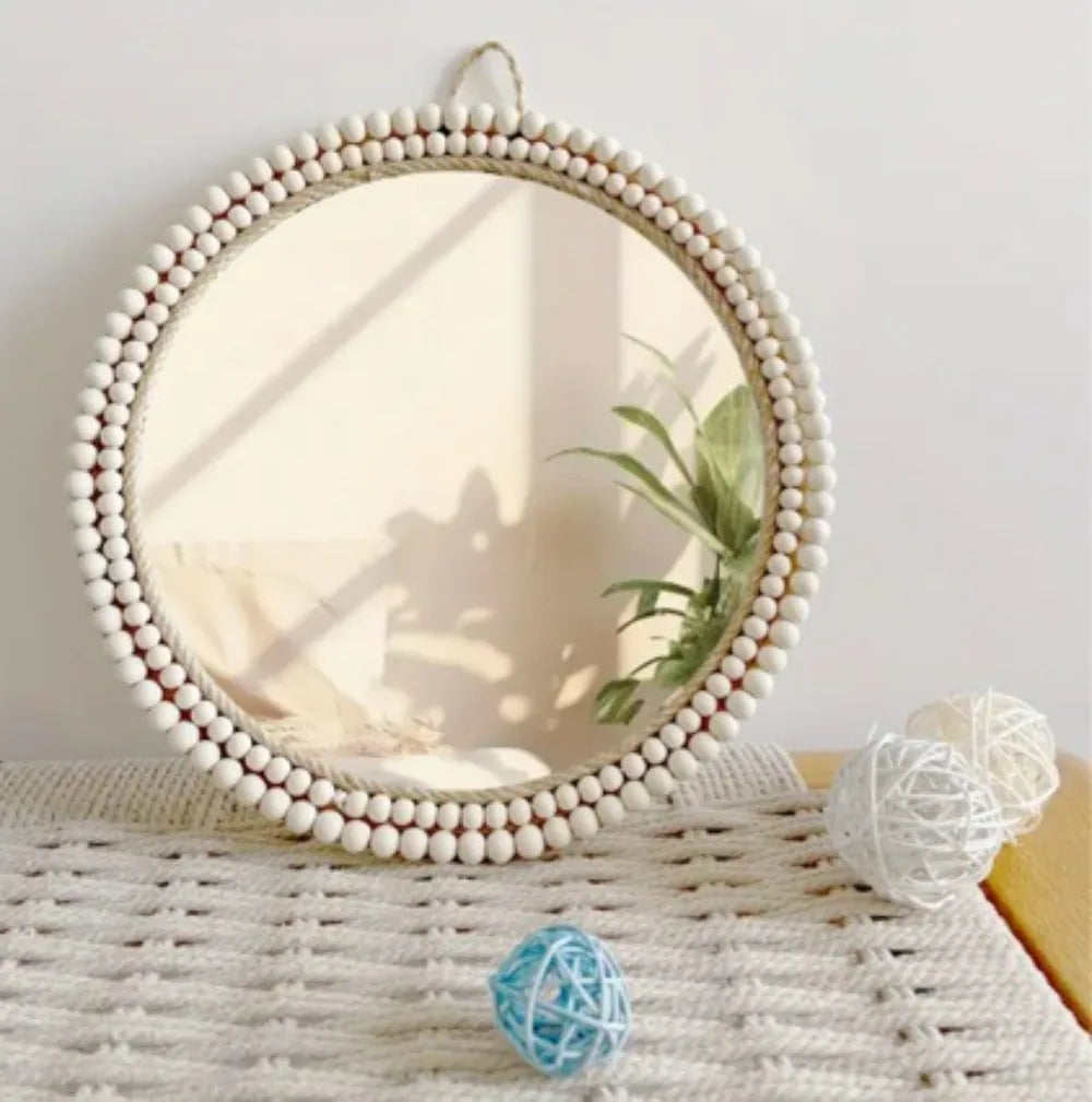 Nordic Handmade Cosmetic Mirror Decorated with Wooden Beads Round Dresser Petal Shape Living Room Porch Bathroom Decoration