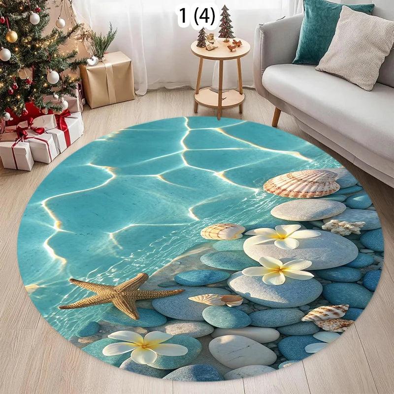 Nordic Coastal Round Rug Soft Carpet Area Rug Bedroom Non-Slip Floor  Teal Ocean Wave Design for Living Room sroom