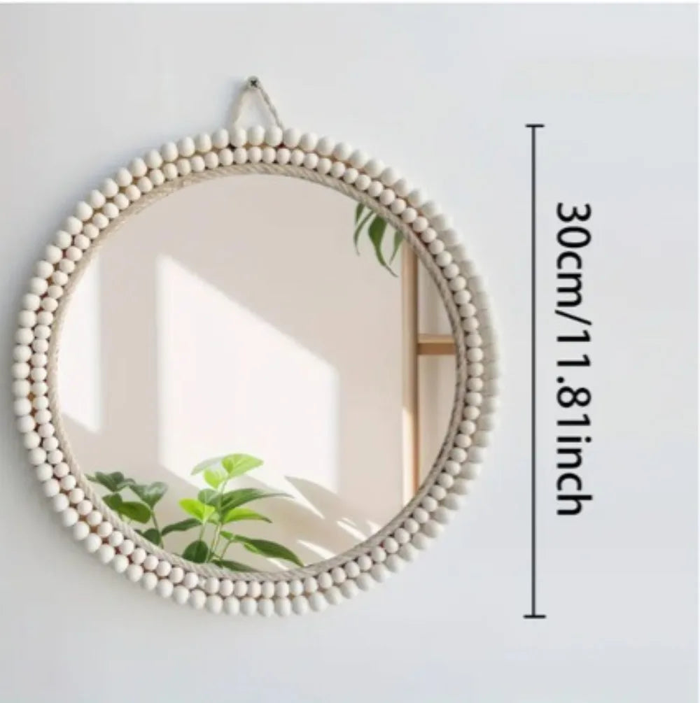 Nordic Handmade Cosmetic Mirror Decorated with Wooden Beads Round Dresser Petal Shape Living Room Porch Bathroom Decoration