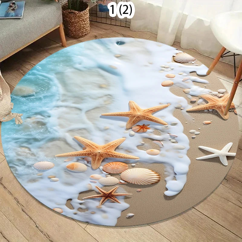 Nordic Coastal Round Rug Soft Carpet Area Rug Bedroom Non-Slip Floor  Teal Ocean Wave Design for Living Room sroom