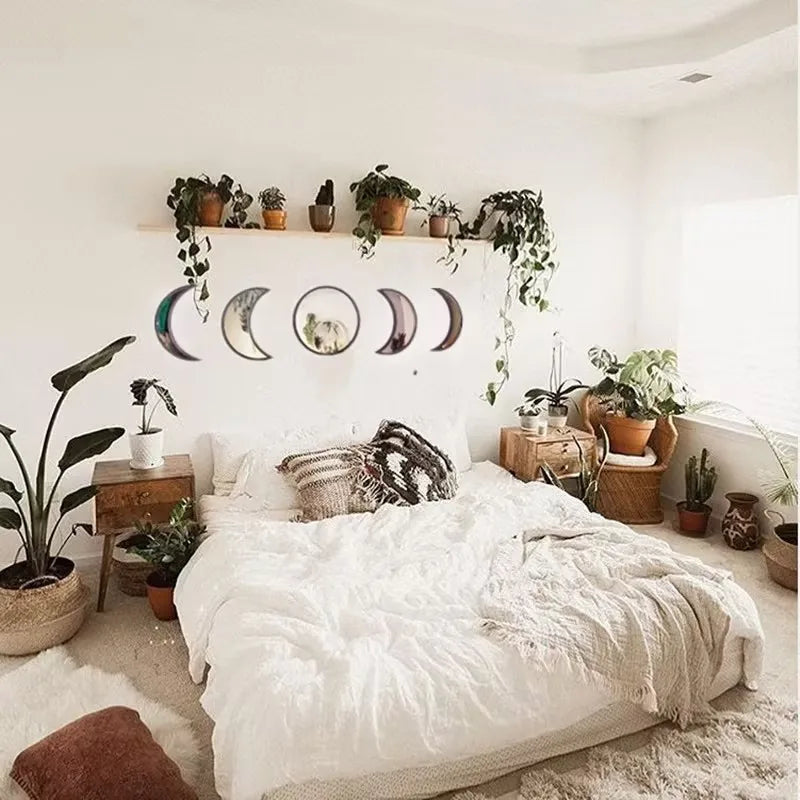 5 Pieces Scandinavian Natural Decor Acrylic Wall Decorative Interior Design Wooden Moon Phase Mirror Bohemian Wall Decoration