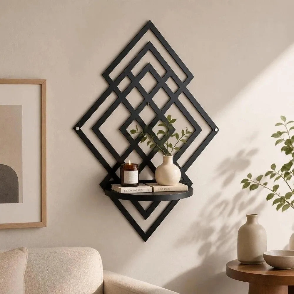 Wooden Wall Mounted Decorative Shelf Geometric Hanging Floating Wall Storage Rack Home Decoration Hollow Out Wall Decor Bedroom