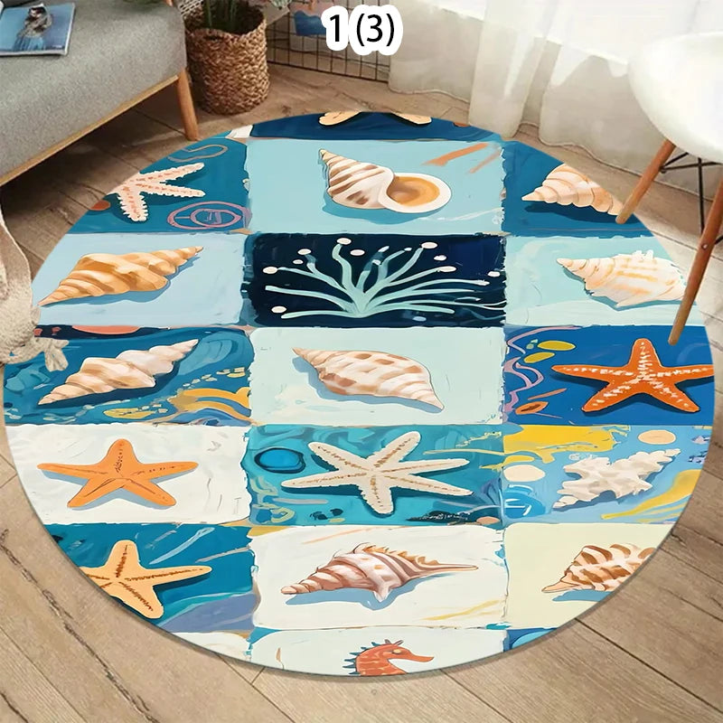 Nordic Coastal Round Rug Soft Carpet Area Rug Bedroom Non-Slip Floor  Teal Ocean Wave Design for Living Room sroom