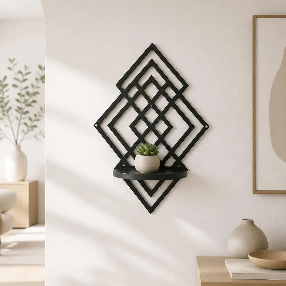 Wooden Wall Mounted Decorative Shelf Geometric Hanging Floating Wall Storage Rack Home Decoration Hollow Out Wall Decor Bedroom