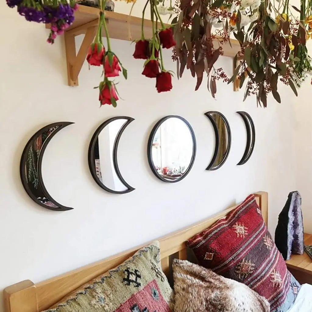 5 Pieces Scandinavian Natural Decor Acrylic Wall Decorative Interior Design Wooden Moon Phase Mirror Bohemian Wall Decoration