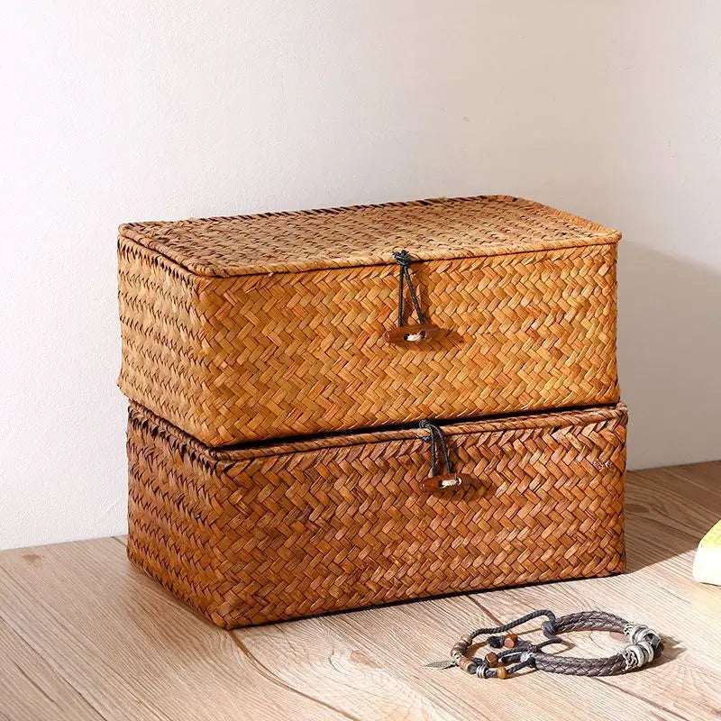 Woven Vintage Storage Rack Basket Boho Pastoral Home Decor Covered Storage Box Desktop Miscellaneous Storage Box Pastoral Basket