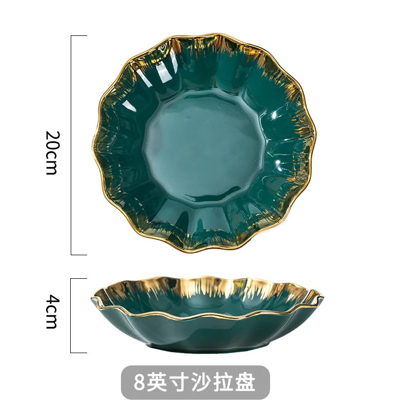 Nordic Luxury Ceramic Bowl Plate Set Tableware Creative Salad Vegetable Fruit Plate Dessert Noodle Bowl Crockery 8 inch