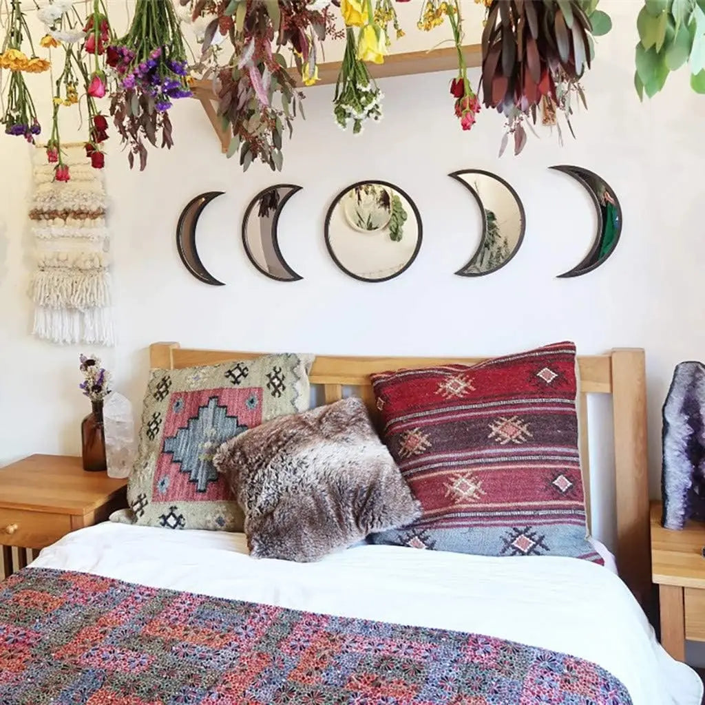 5 Pieces Scandinavian Natural Decor Acrylic Wall Decorative Interior Design Wooden Moon Phase Mirror Bohemian Wall Decoration