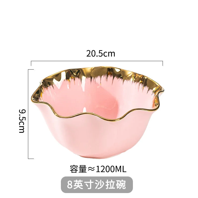 Nordic Luxury Ceramic Bowl Plate Set Tableware Creative Salad Vegetable Fruit Plate Dessert Noodle Bowl Crockery 8 inch