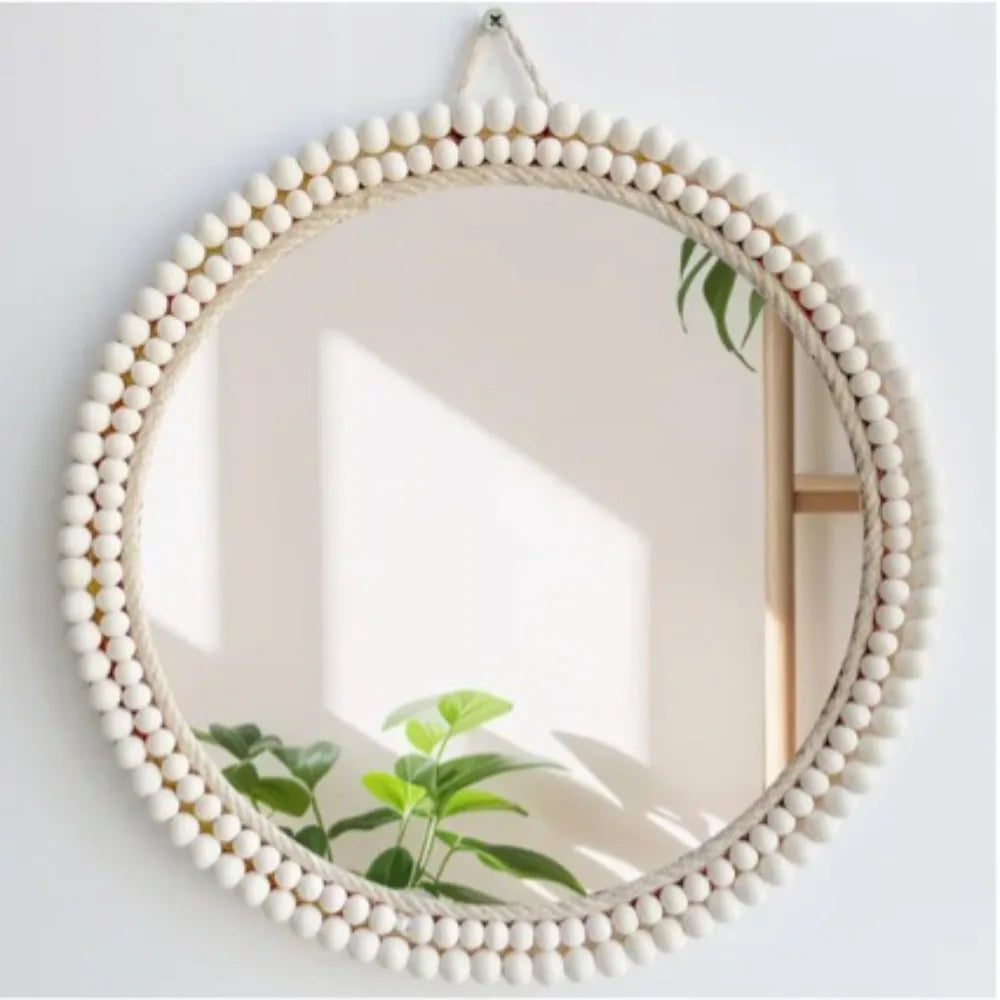 Nordic Handmade Cosmetic Mirror Decorated with Wooden Beads Round Dresser Petal Shape Living Room Porch Bathroom Decoration