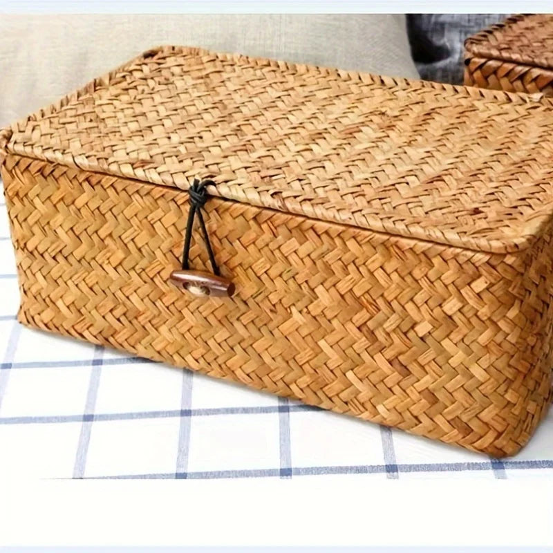 Woven Vintage Storage Rack Basket Boho Pastoral Home Decor Covered Storage Box Desktop Miscellaneous Storage Box Pastoral Basket