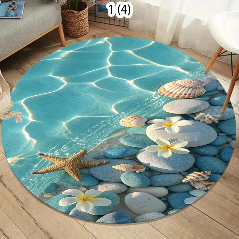 Nordic Coastal Round Rug Soft Carpet Area Rug Bedroom Non-Slip Floor  Teal Ocean Wave Design for Living Room sroom