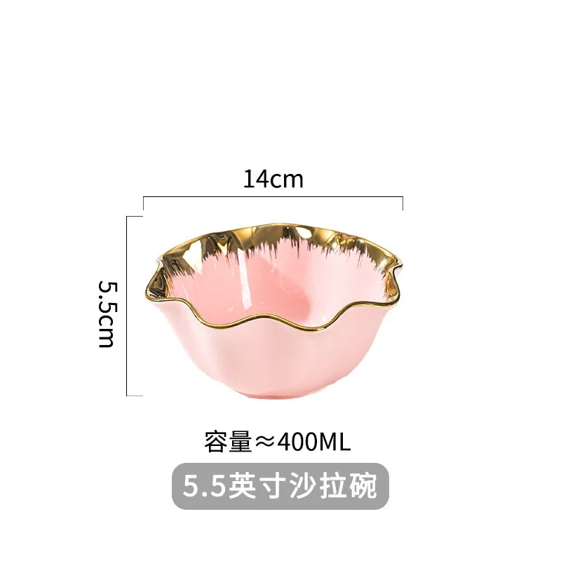 Nordic Luxury Ceramic Bowl Plate Set Tableware Creative Salad Vegetable Fruit Plate Dessert Noodle Bowl Crockery 8 inch