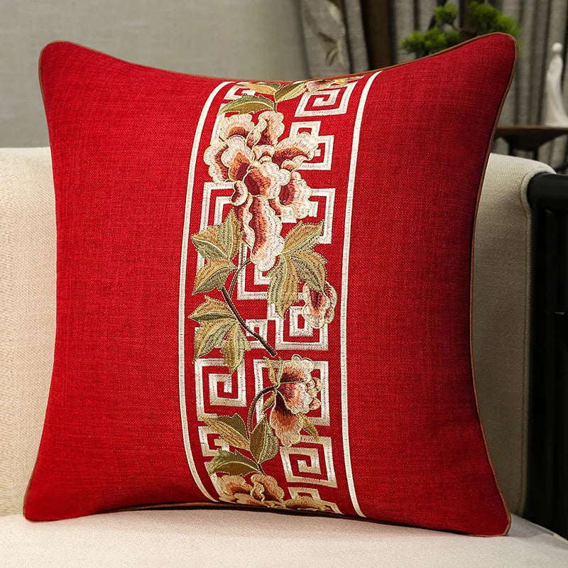 European Linen-cotton Cushion Cover Handmade Embroidered Floral Classic Elegant Pillow Case for Sofa Living Room Home Decor