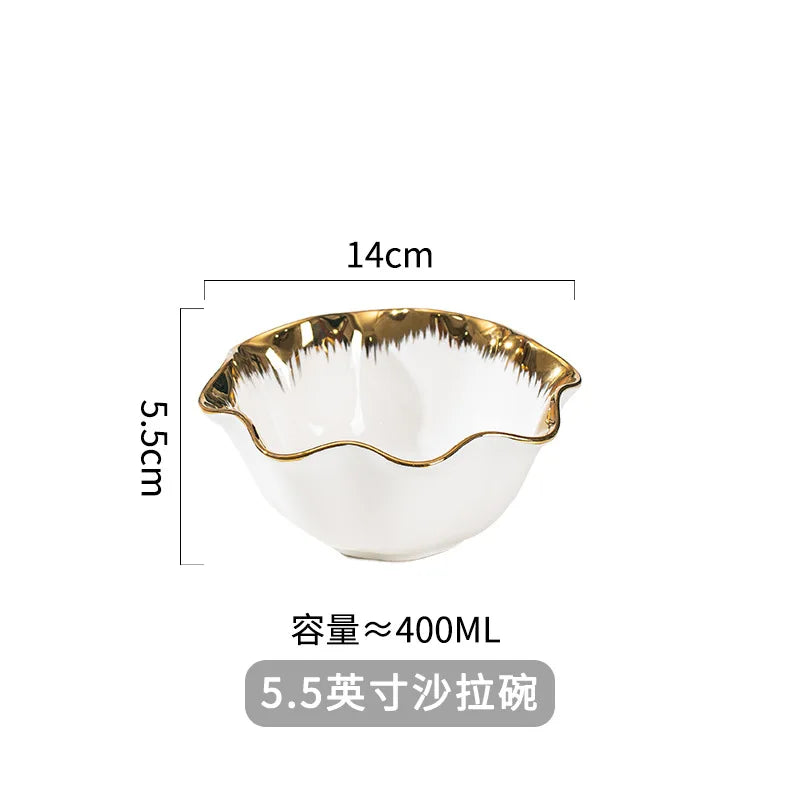 Nordic Luxury Ceramic Bowl Plate Set Tableware Creative Salad Vegetable Fruit Plate Dessert Noodle Bowl Crockery 8 inch