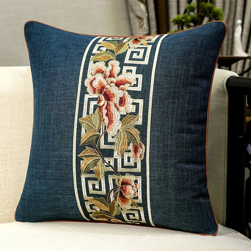 European Linen-cotton Cushion Cover Handmade Embroidered Floral Classic Elegant Pillow Case for Sofa Living Room Home Decor