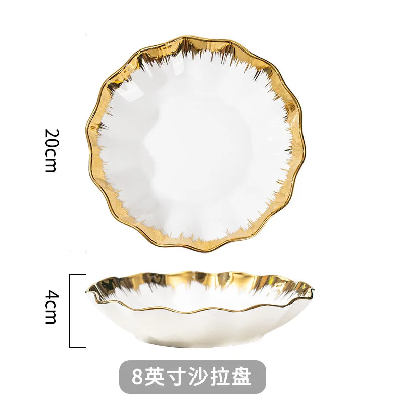 Nordic Luxury Ceramic Bowl Plate Set Tableware Creative Salad Vegetable Fruit Plate Dessert Noodle Bowl Crockery 8 inch