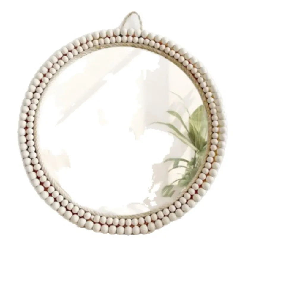 Nordic Handmade Cosmetic Mirror Decorated with Wooden Beads Round Dresser Petal Shape Living Room Porch Bathroom Decoration