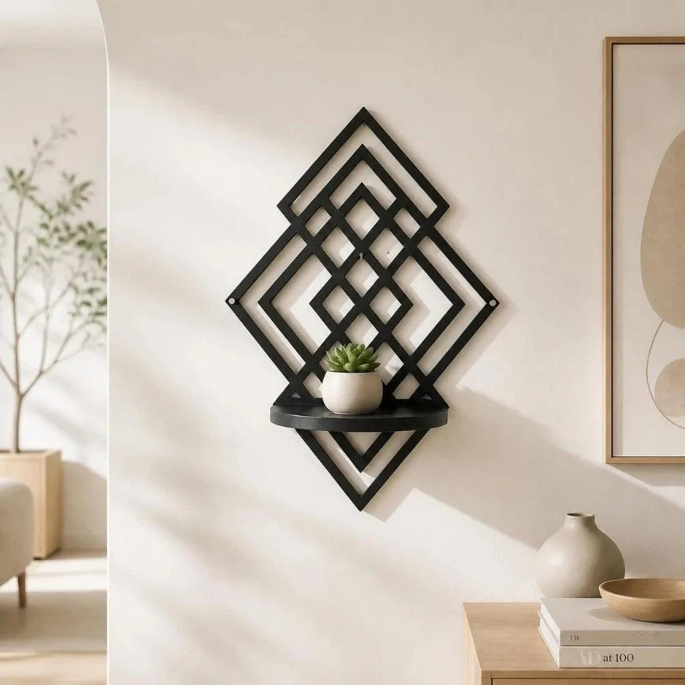 Wooden Wall Mounted Decorative Shelf Geometric Hanging Floating Wall Storage Rack Home Decoration Hollow Out Wall Decor Bedroom