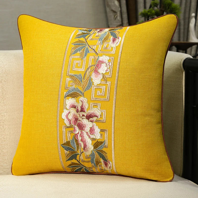 European Linen-cotton Cushion Cover Handmade Embroidered Floral Classic Elegant Pillow Case for Sofa Living Room Home Decor