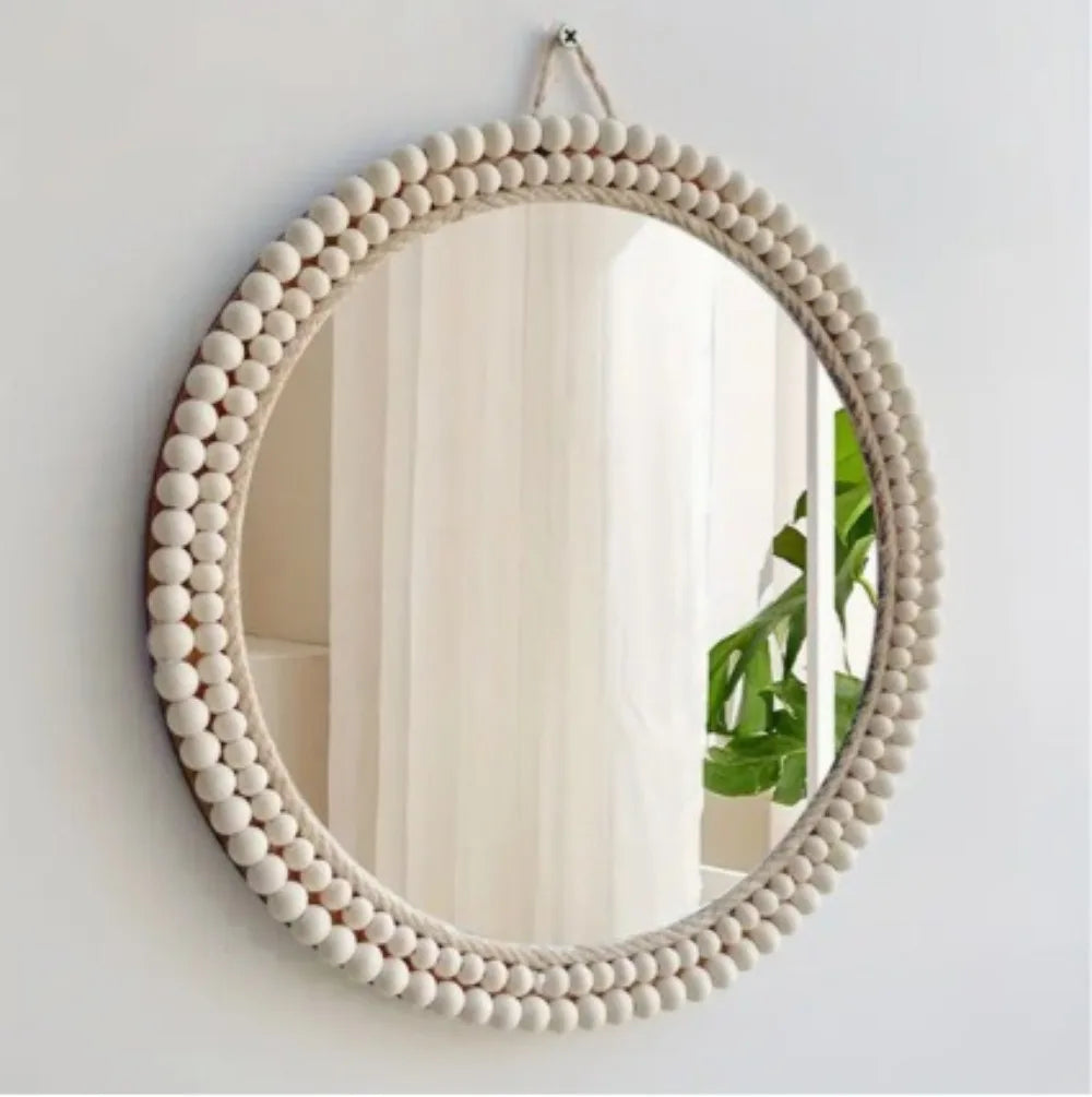 Nordic Handmade Cosmetic Mirror Decorated with Wooden Beads Round Dresser Petal Shape Living Room Porch Bathroom Decoration