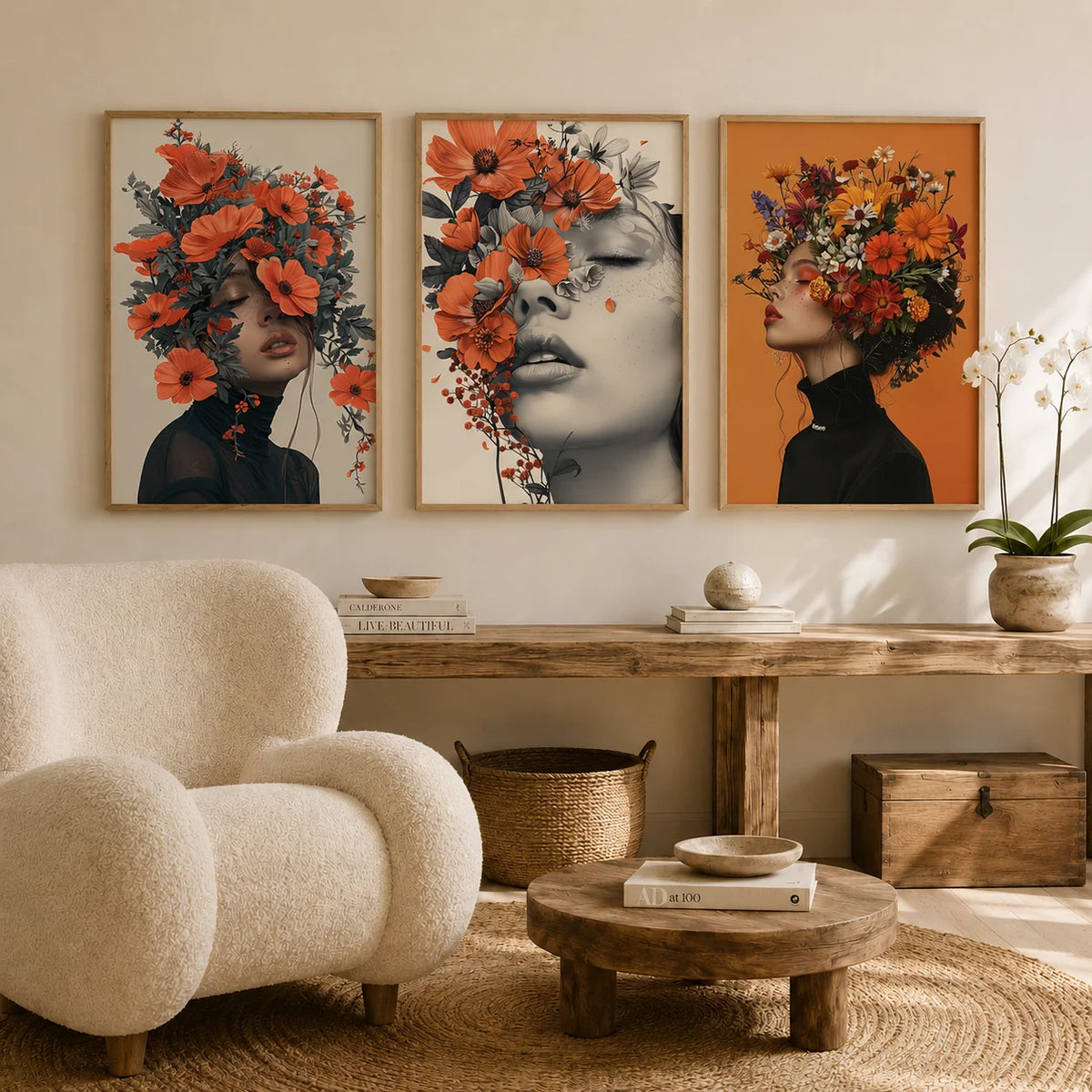 Nordic Wall Art Beautiful Woman & Flowers Vintage Canvas Painting Modern Style Poster Prints Bedroom Living Room Wall Decor