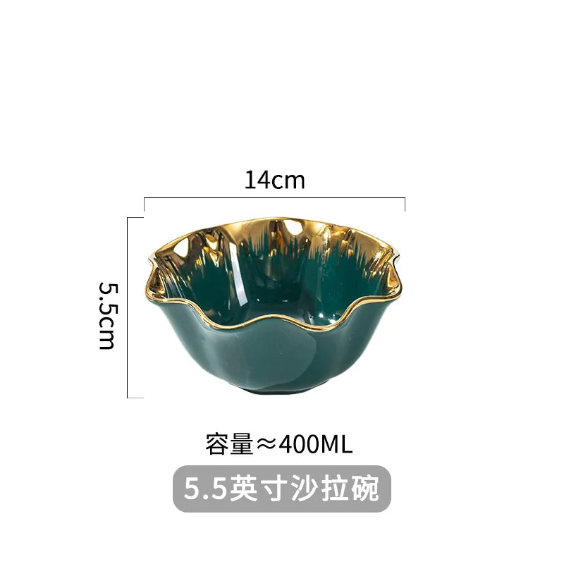 Nordic Luxury Ceramic Bowl Plate Set Tableware Creative Salad Vegetable Fruit Plate Dessert Noodle Bowl Crockery 8 inch