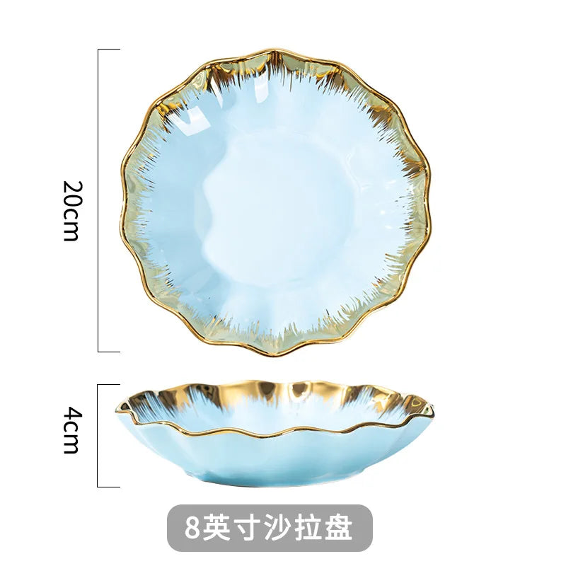 Nordic Luxury Ceramic Bowl Plate Set Tableware Creative Salad Vegetable Fruit Plate Dessert Noodle Bowl Crockery 8 inch