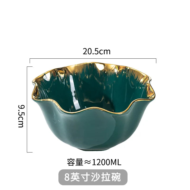 Nordic Luxury Ceramic Bowl Plate Set Tableware Creative Salad Vegetable Fruit Plate Dessert Noodle Bowl Crockery 8 inch