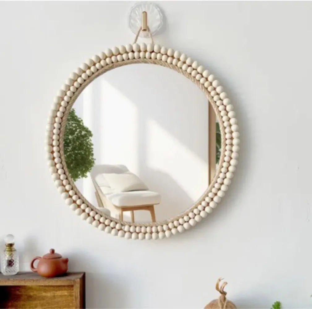 Nordic Handmade Cosmetic Mirror Decorated with Wooden Beads Round Dresser Petal Shape Living Room Porch Bathroom Decoration
