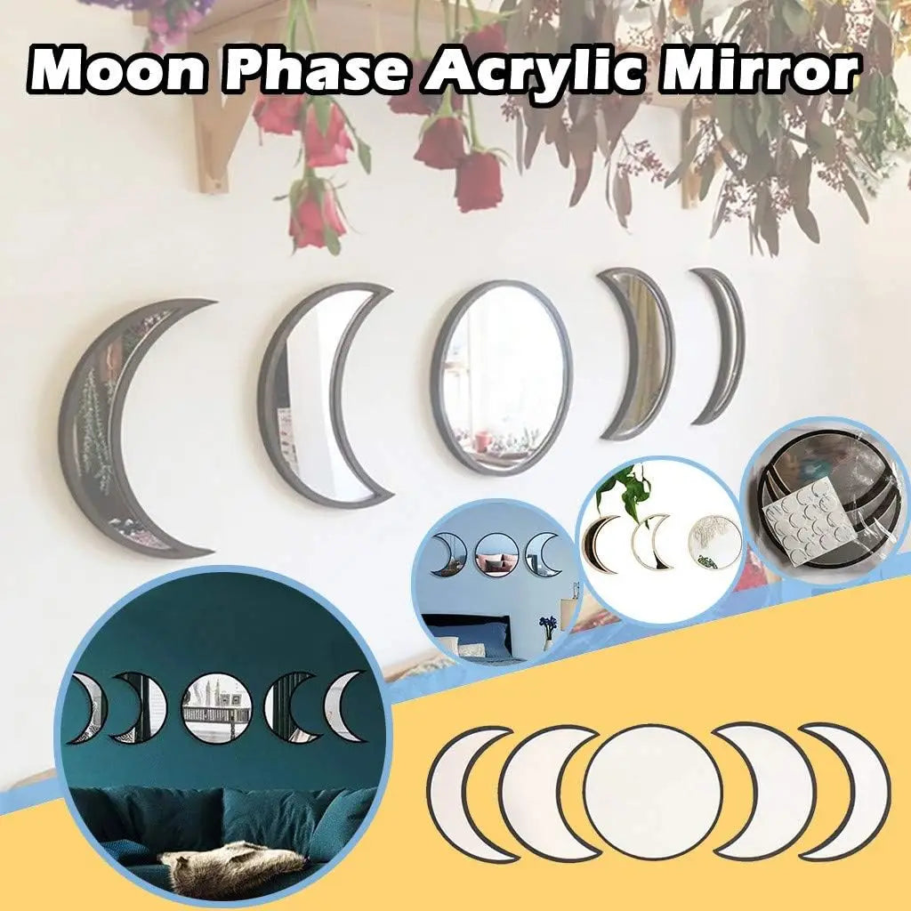 5 Pieces Scandinavian Natural Decor Acrylic Wall Decorative Interior Design Wooden Moon Phase Mirror Bohemian Wall Decoration