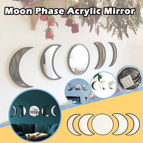5 Pieces Scandinavian Natural Decor Acrylic Wall Decorative Interior Design Wooden Moon Phase Mirror Bohemian Wall Decoration