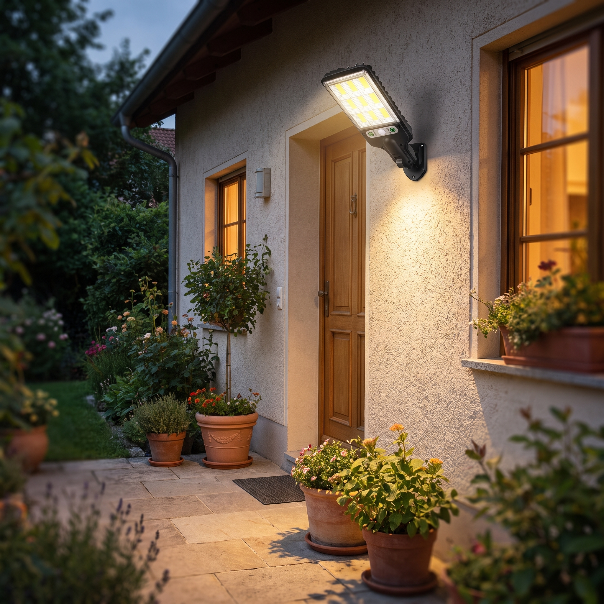 Rechargeable solar courtyard wall lamp beside a front door