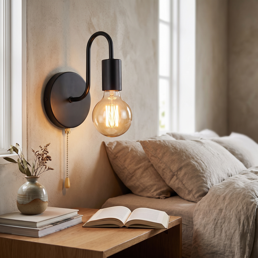 Black iron industrial wall sconce above a bedside table