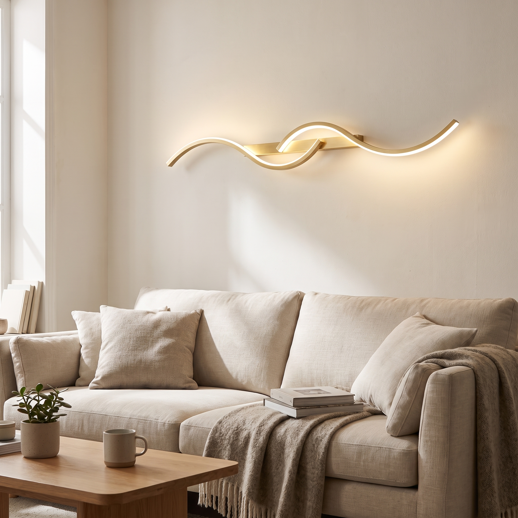 Minimalist LED strip wall sconce above a living room sofa