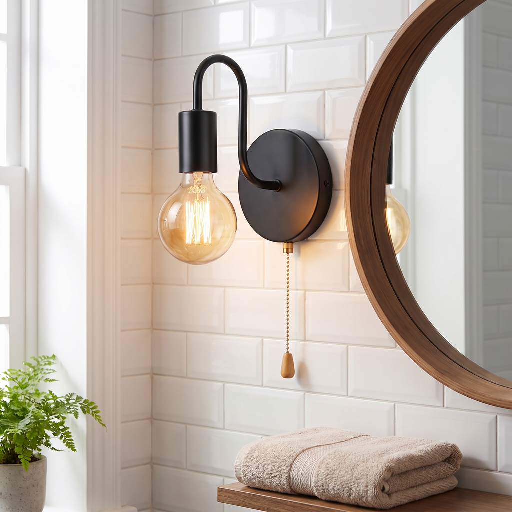 Black iron industrial wall sconce beside a bathroom mirror
