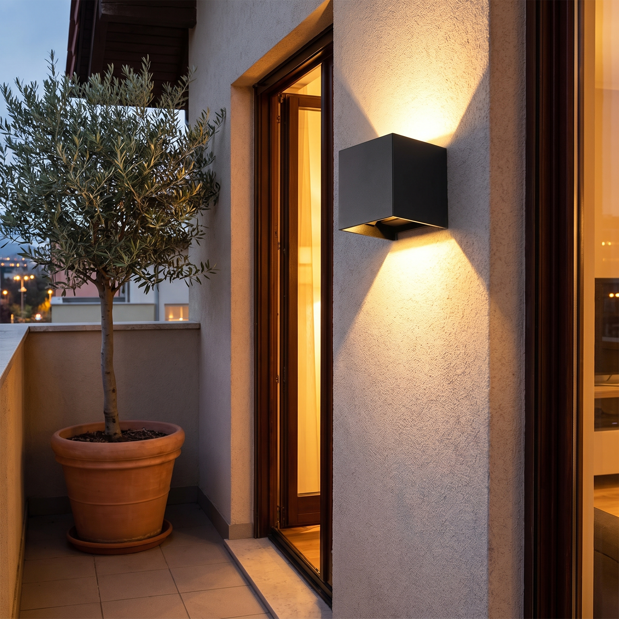 IP65 aluminium outdoor wall lamp on a balcony at evening