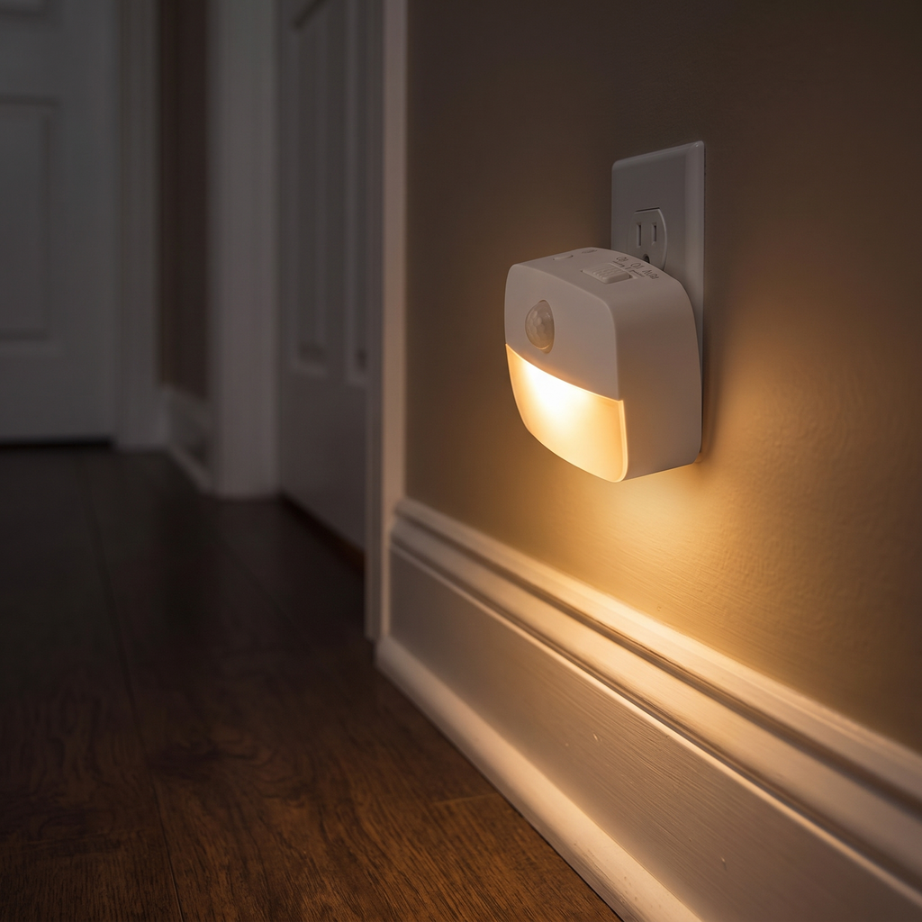 Plug-in LED motion sensor night light in a hallway at night