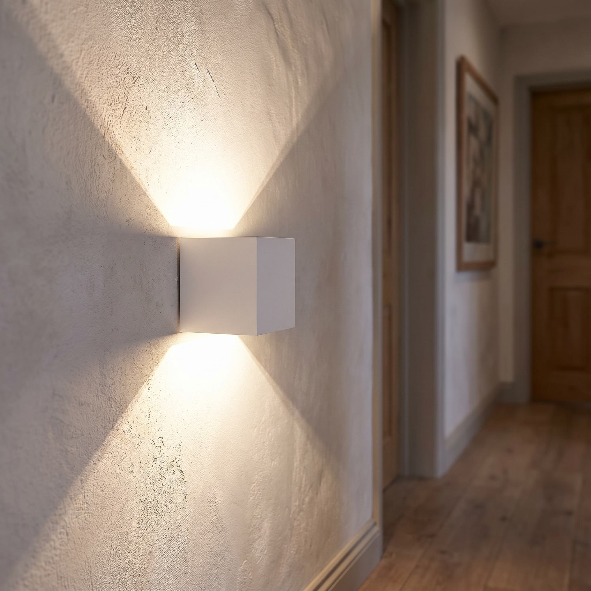 White up and down LED wall sconce in a hallway