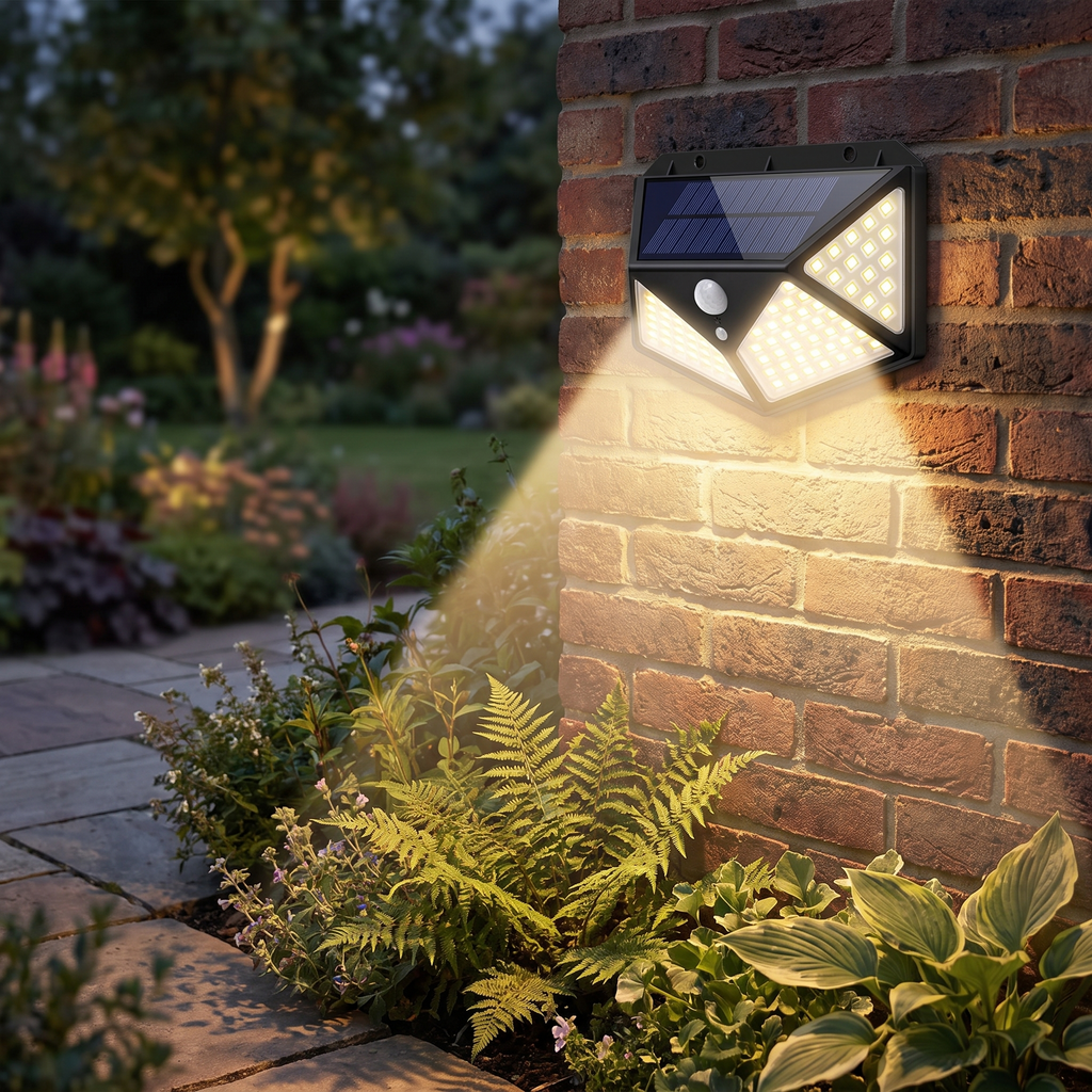 100 LED solar motion sensor wall light on a garden wall
