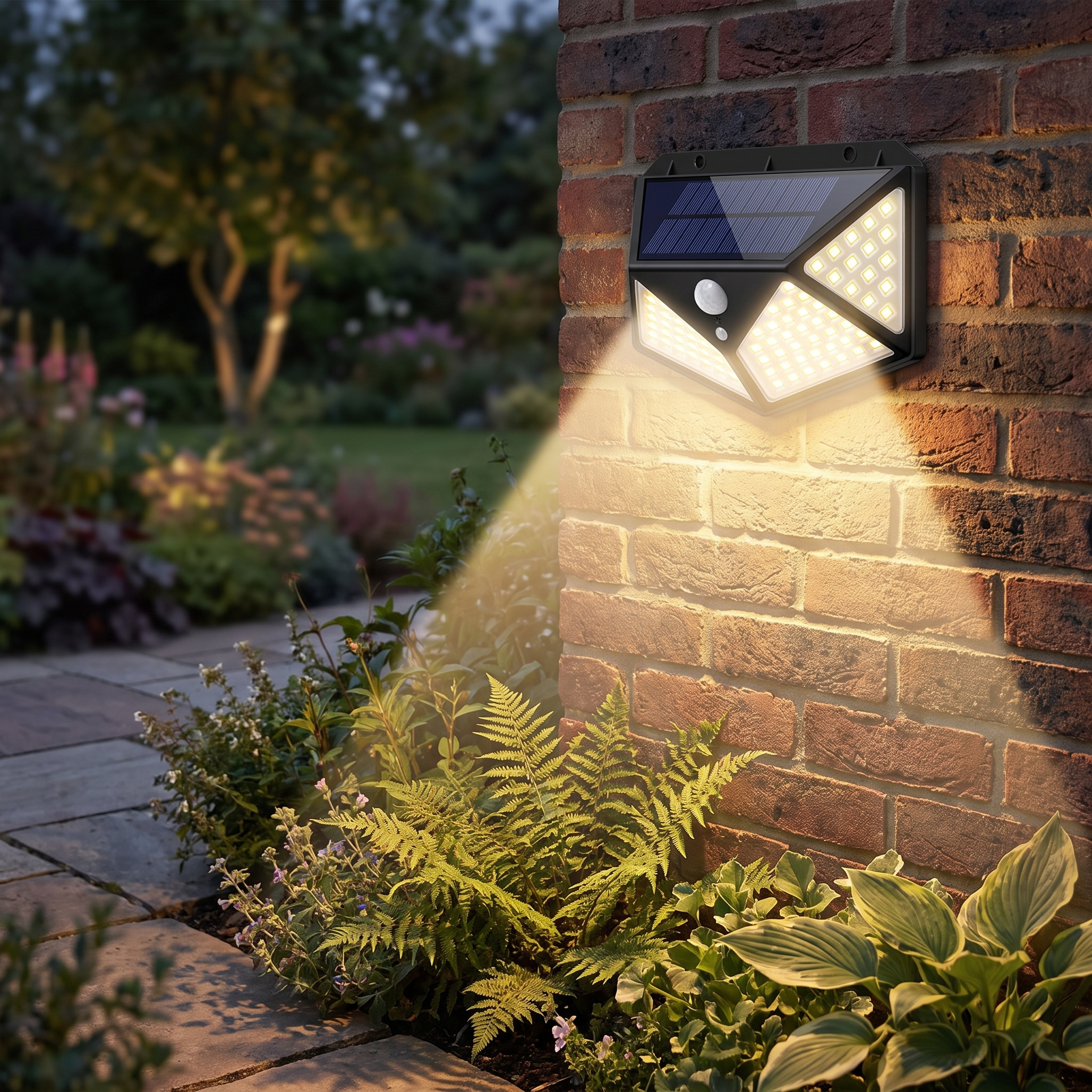 100 LED solar motion sensor wall light on a garden wall