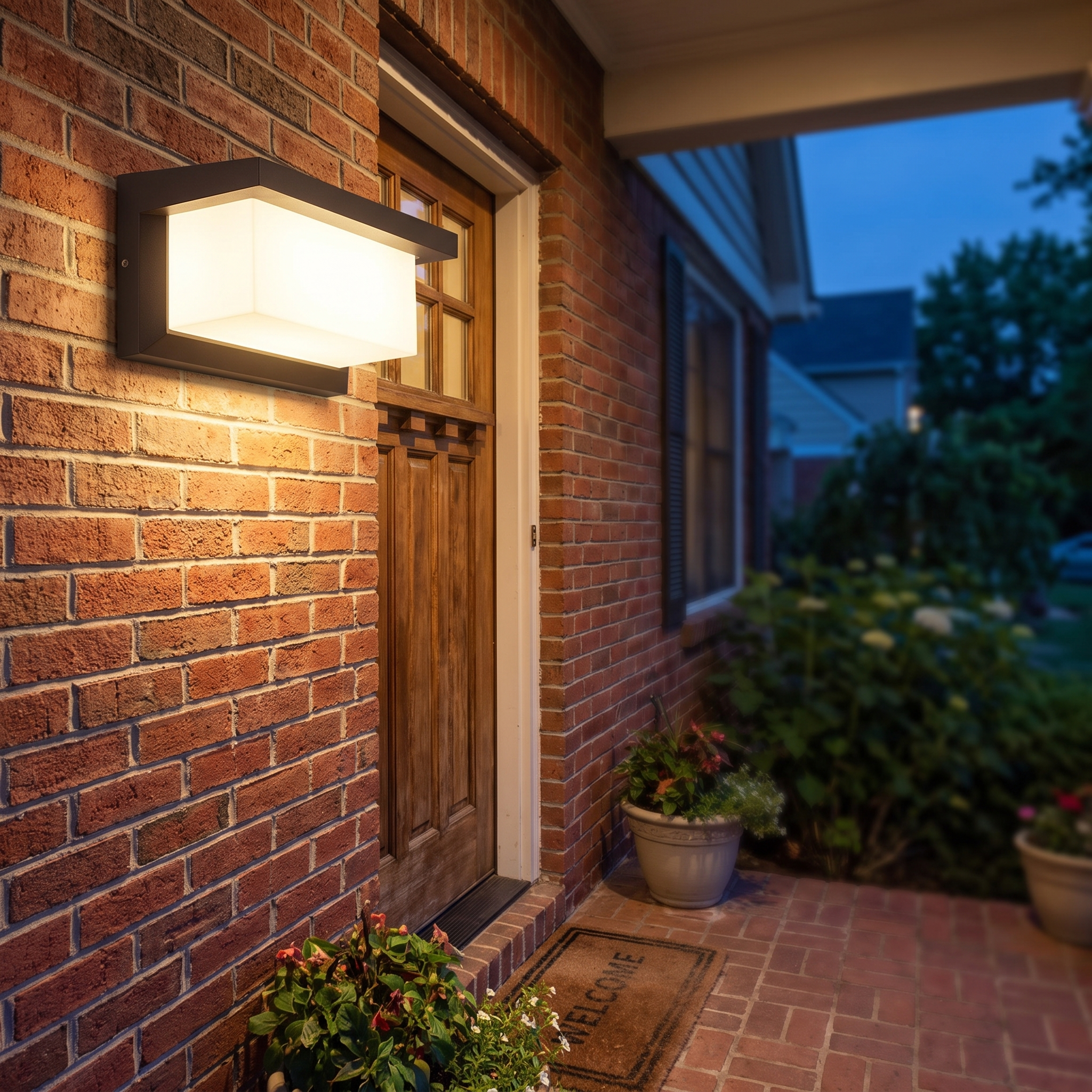 Vintage rectangular LED wall lamp on a brick porch wall